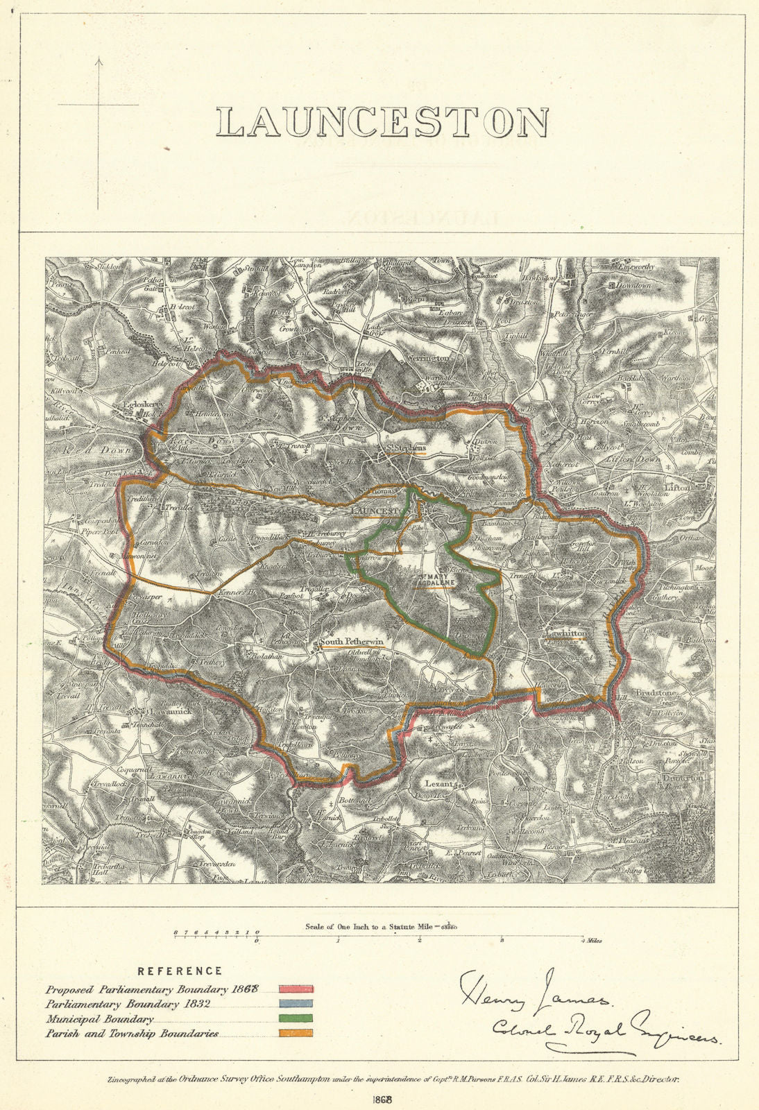 Launceston, Cornwall. JAMES. Parliamentary Boundary Commission 1868 old map